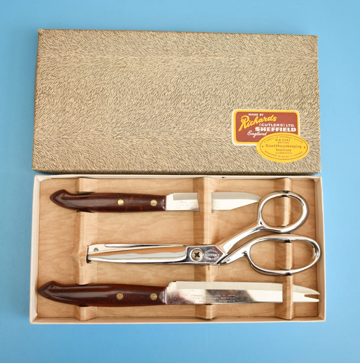 Vintage 1960s Three Piece Kitchen Set - Knives / Scissors - Boxed by Pineapple Retro