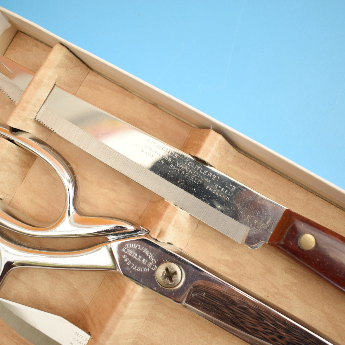 Vintage 1960s Three Piece Kitchen Set - Knives / Scissors - Boxed by Pineapple Retro