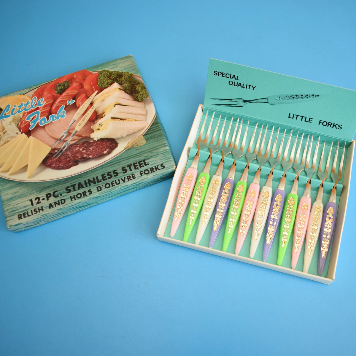 Vintage 1960s Little Pickle Forks- Pastels & Gold - Boxed by Pineapple Retro