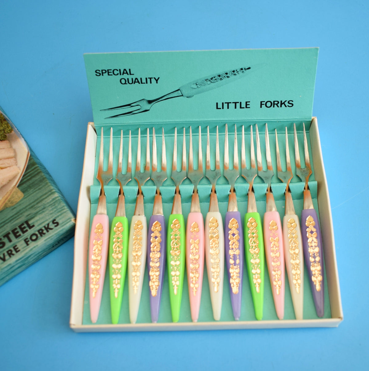Vintage 1960s Little Pickle Forks- Pastels & Gold - Boxed by Pineapple Retro
