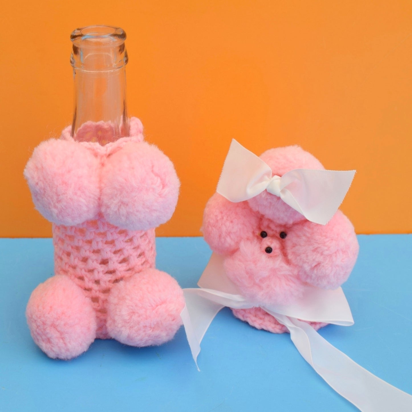 Vintage 1960s Knitted Poodle Bottle Cover - Small Pink