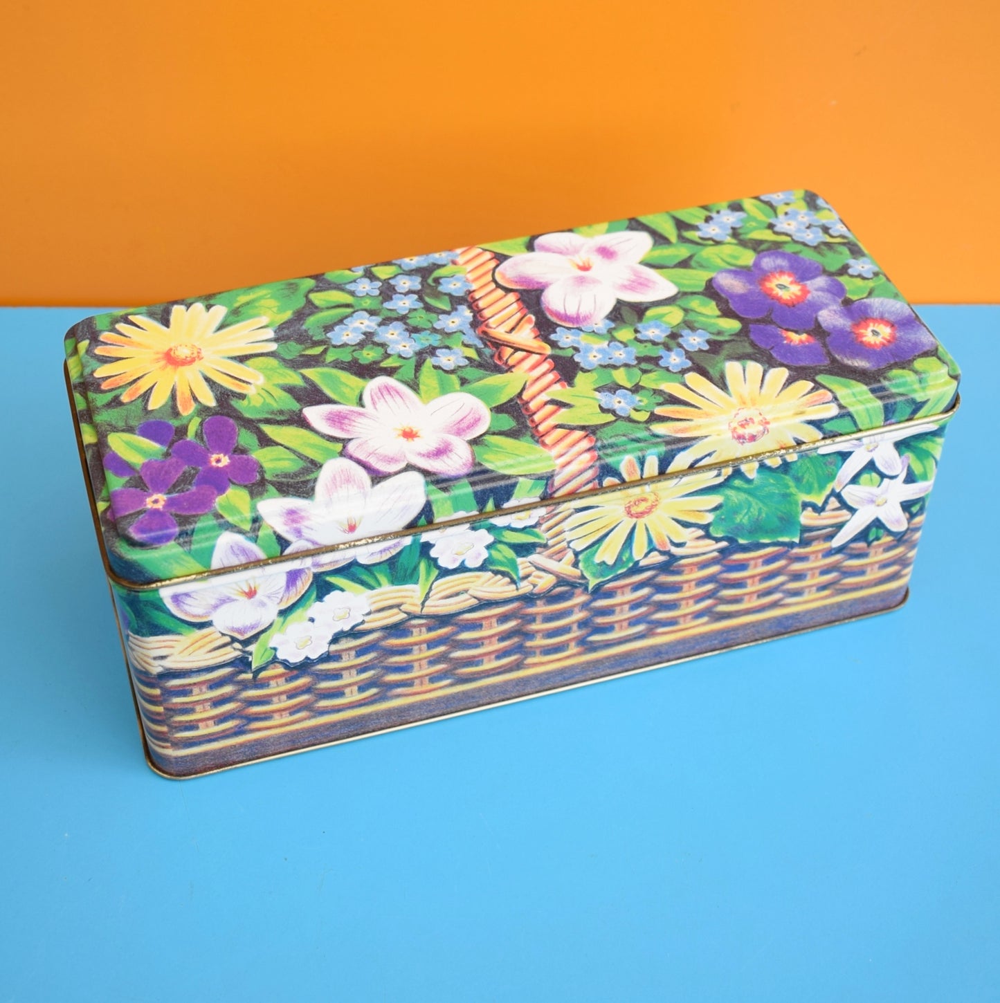 Vintage 1980s Basket Of Flowers Tin - Purple - Cadbury's Fingers by Pineapple Retro