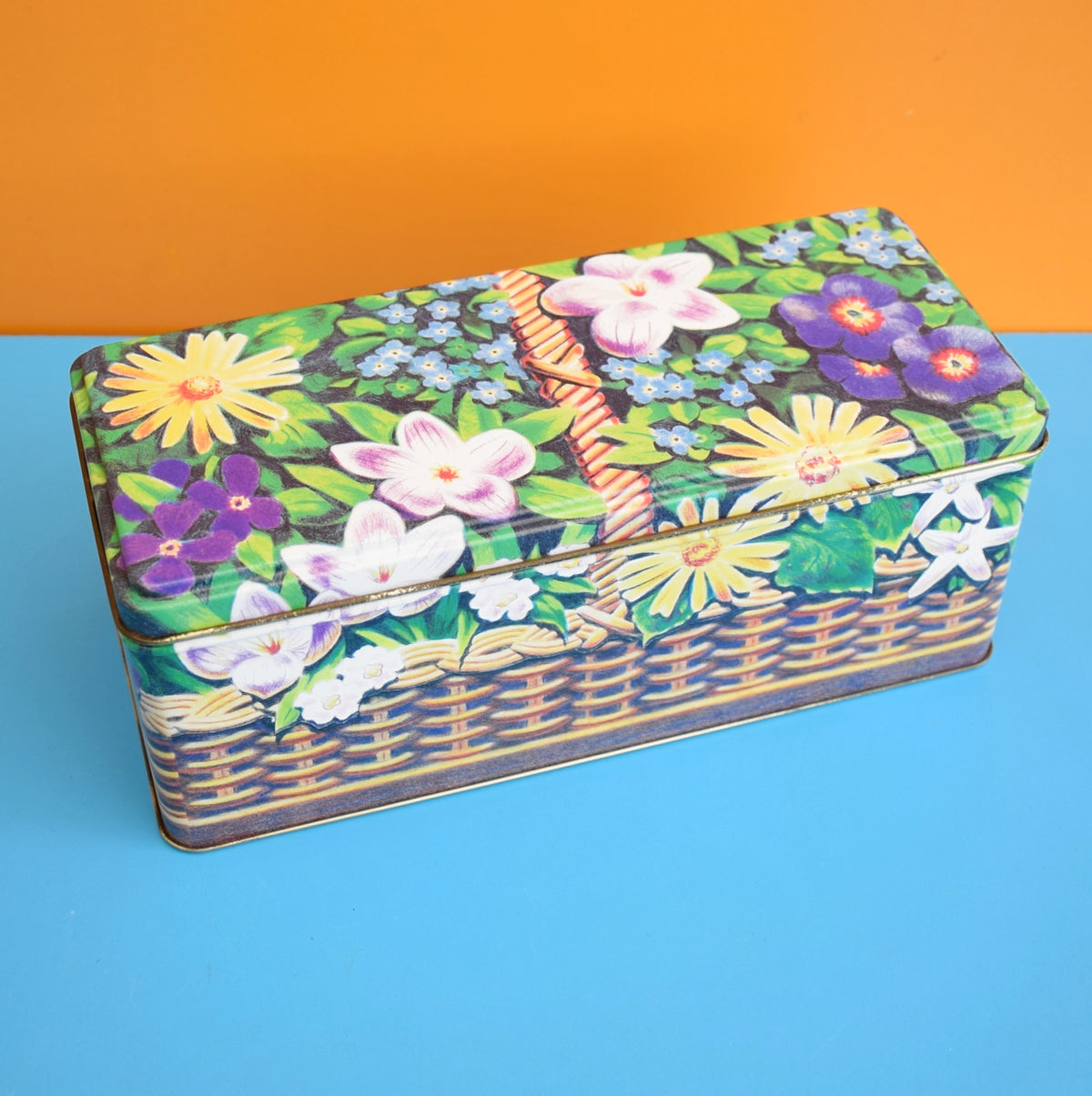 Vintage 1980s Basket Of Flowers Tin - Purple - Cadbury's Fingers by Pineapple Retro