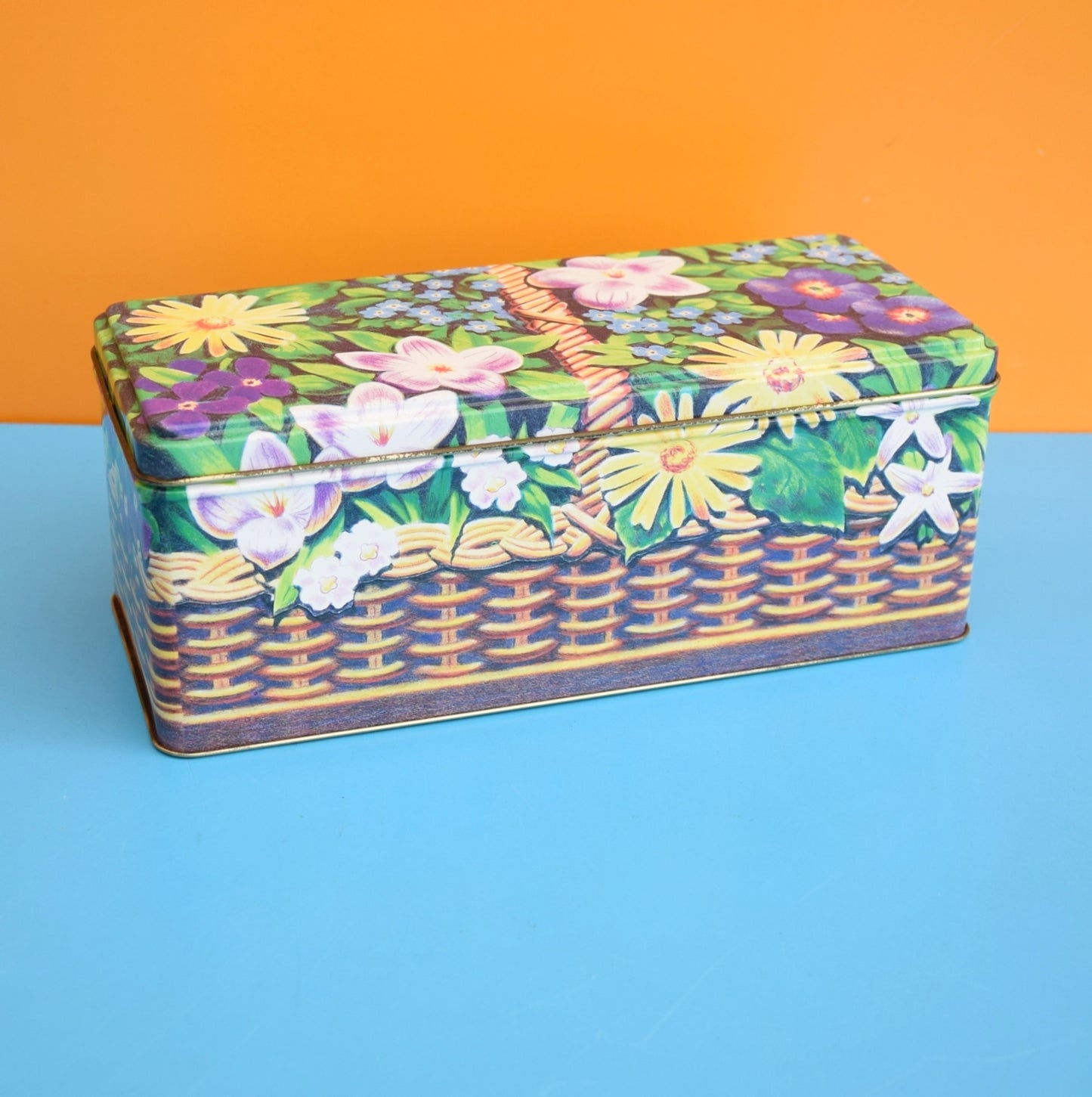 Vintage 1980s Basket Of Flowers Tin - Purple - Cadbury's Fingers by Pineapple Retro