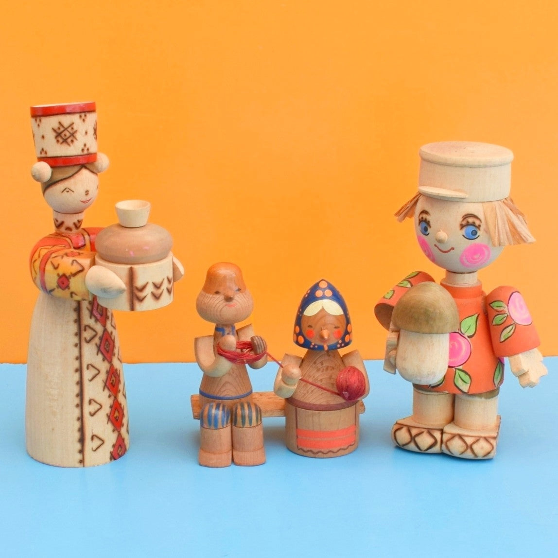 Vintage 1970s Wooden Russian Painted Figures .
