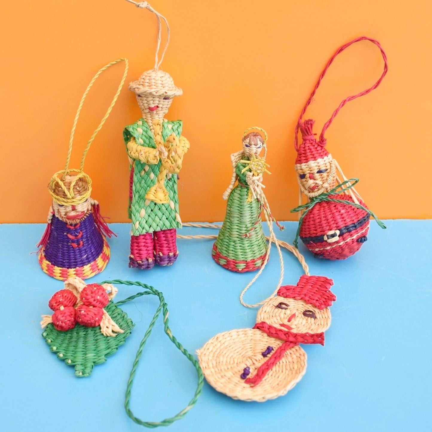 Vintage 1970s Mexican Woven Straw Hanging Ornaments