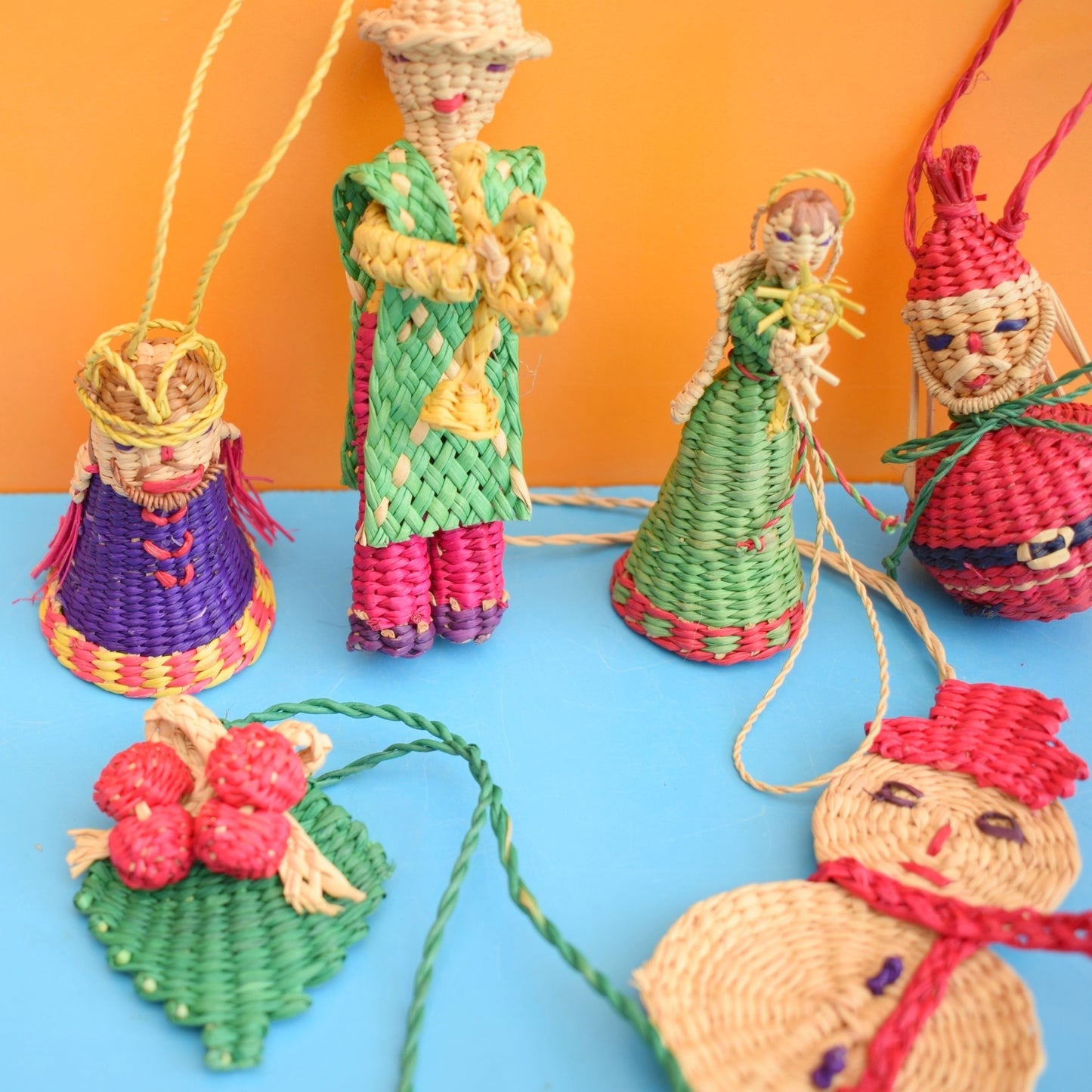 Vintage 1970s Mexican Woven Straw Hanging Ornaments