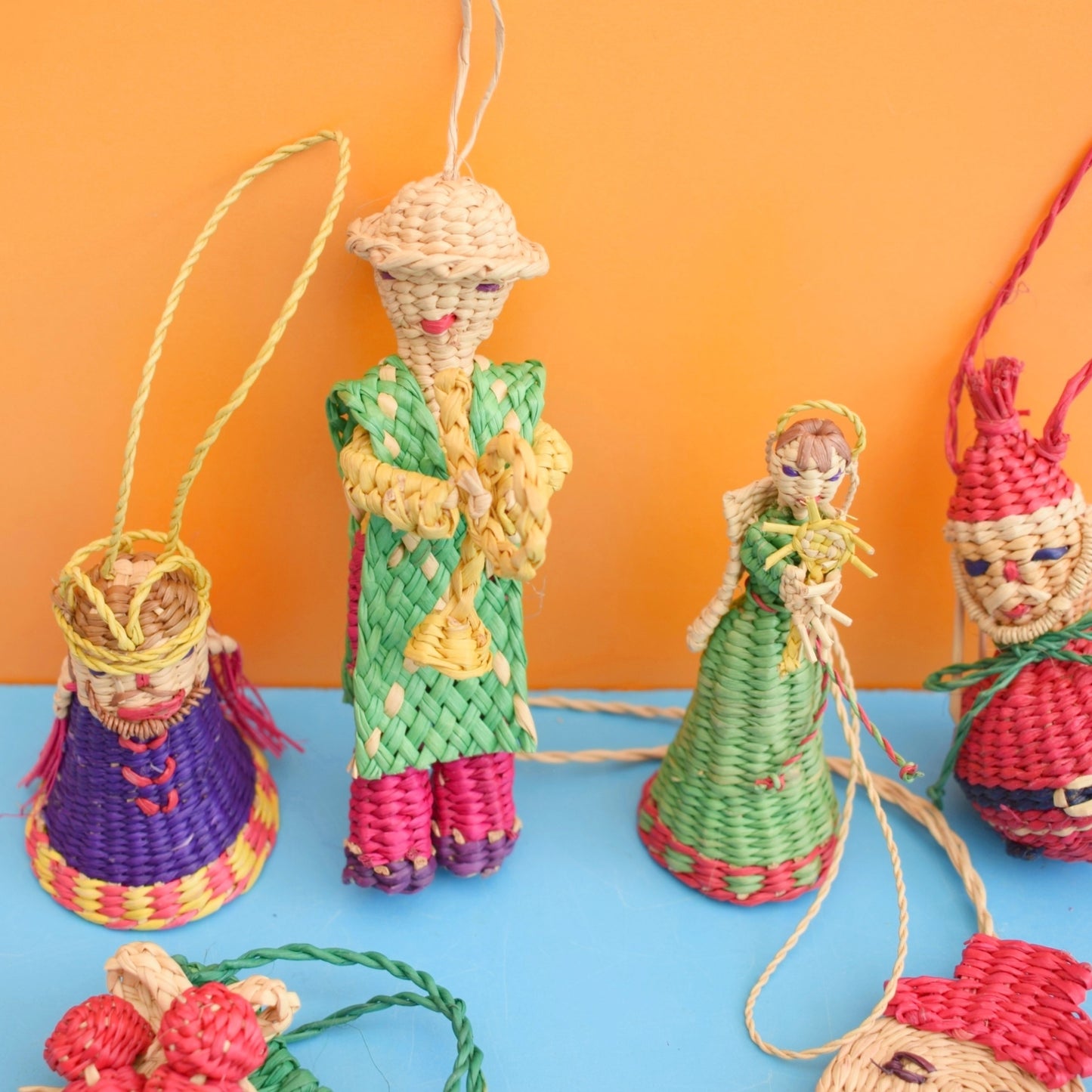 Vintage 1970s Mexican Woven Straw Hanging Ornaments