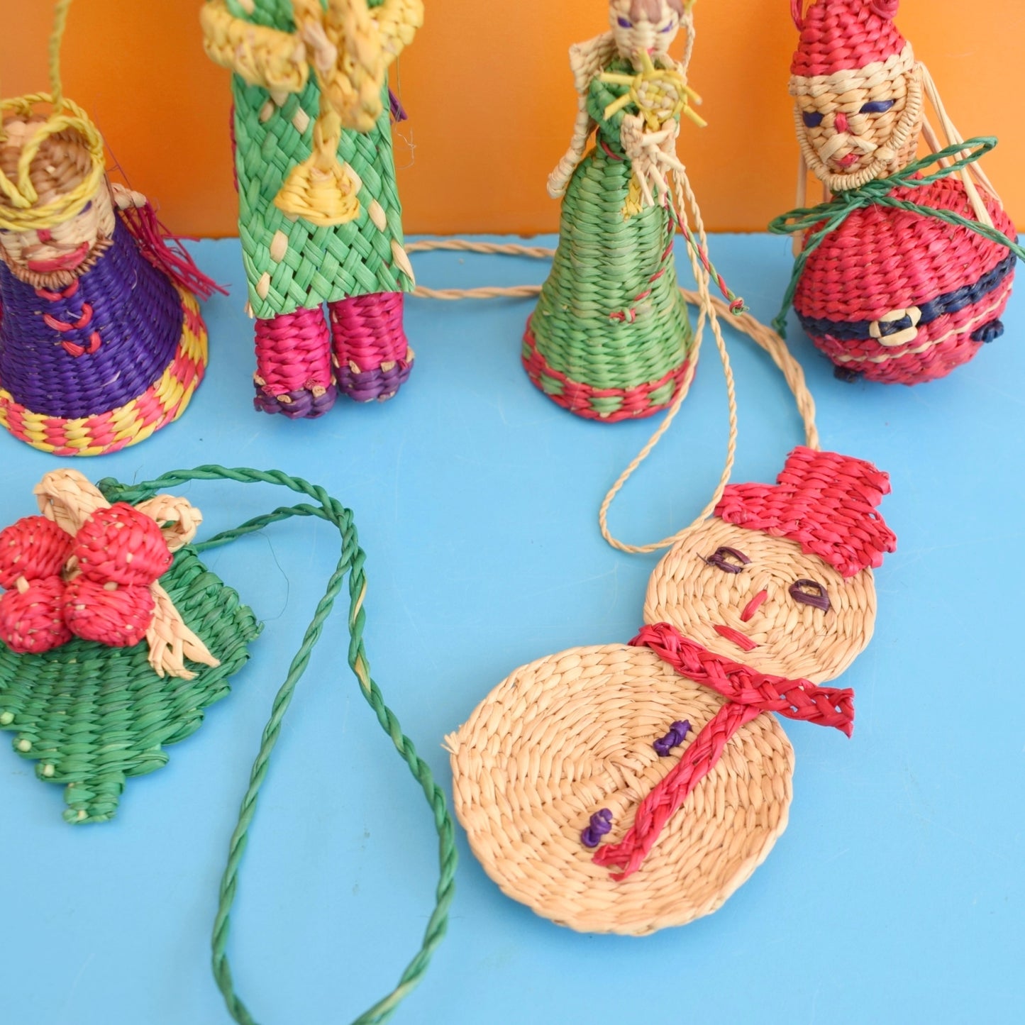 Vintage 1970s Mexican Woven Straw Hanging Ornaments