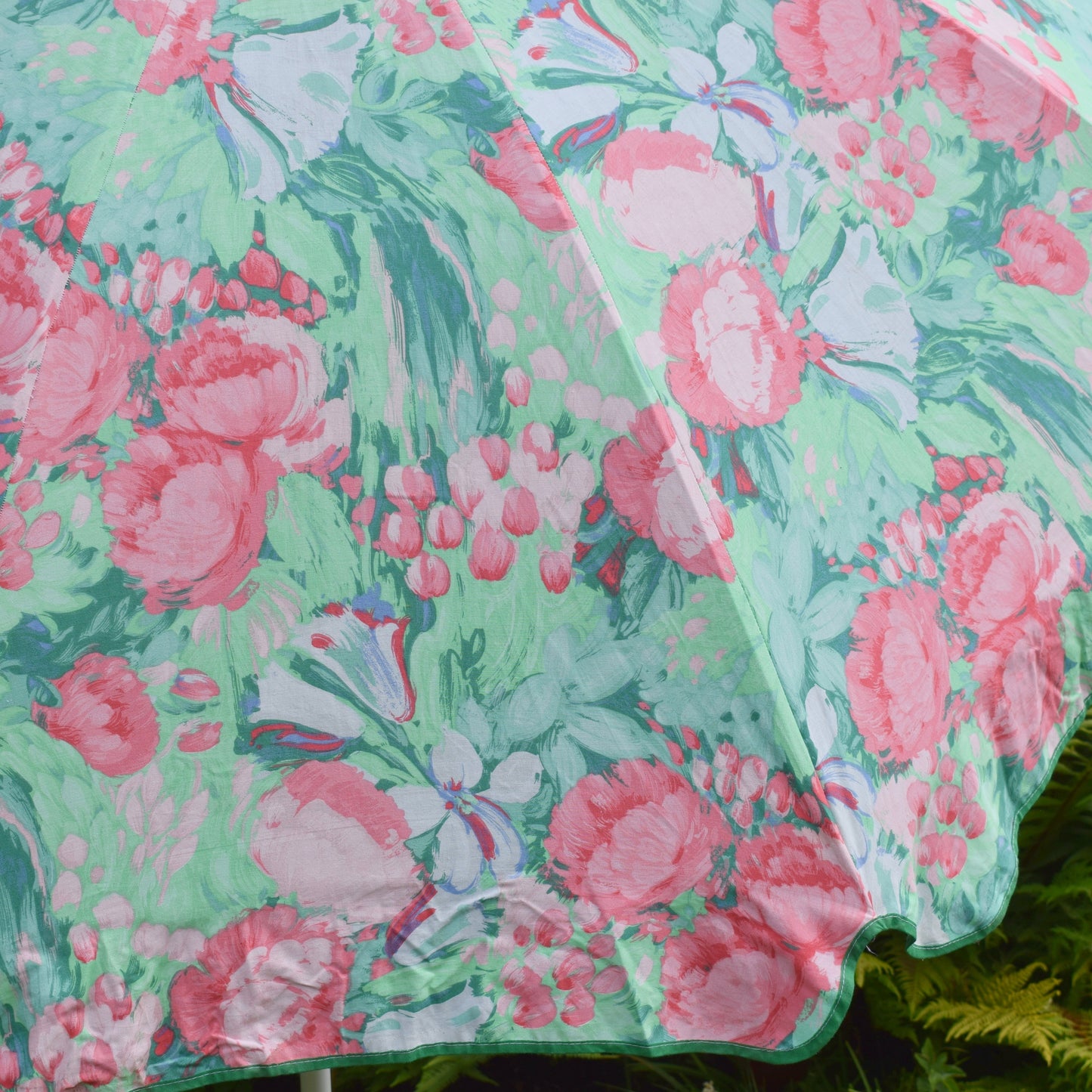 Vintage 1980s Large Garden Parasol - Floral- Pink/ Mint