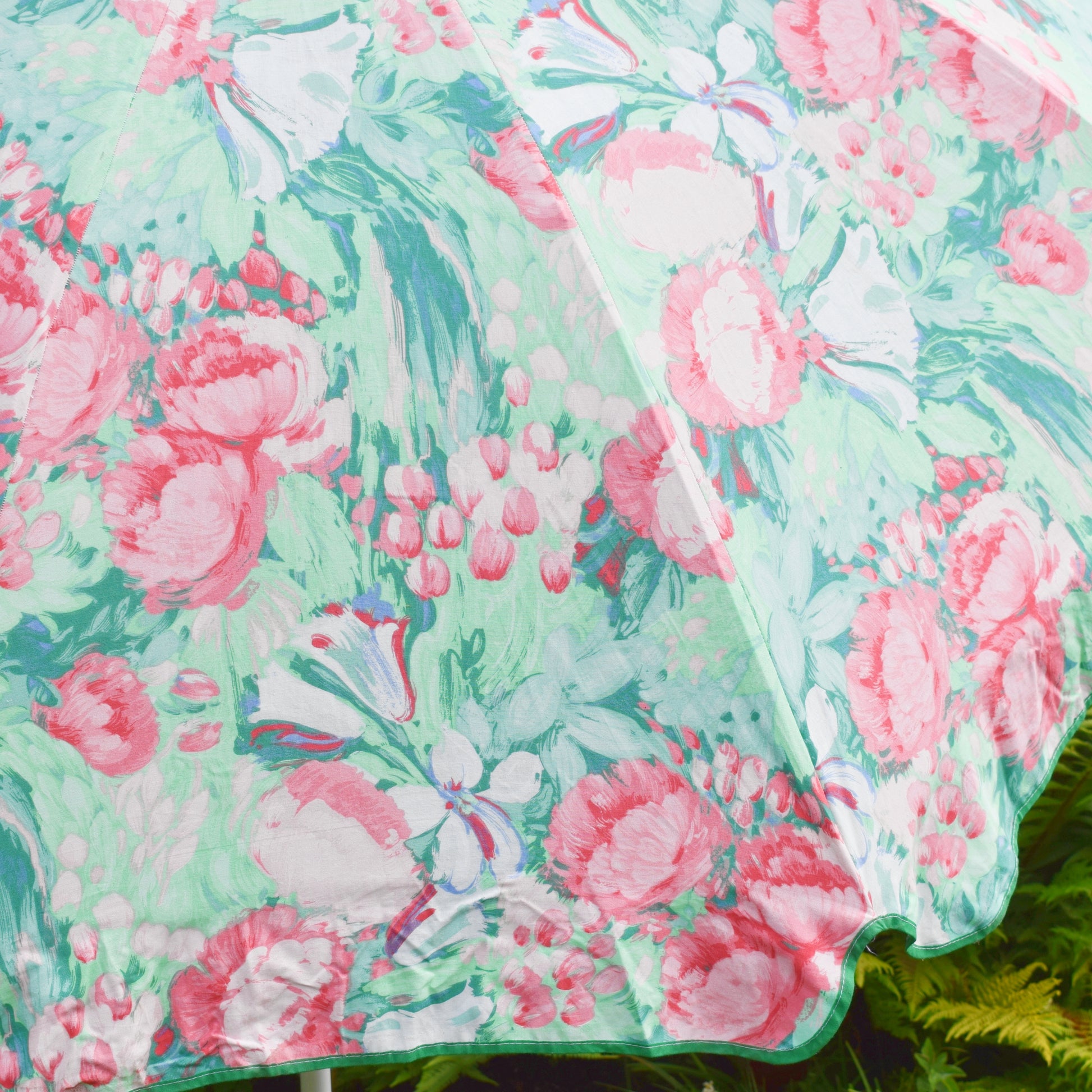Vintage 1980s Large Garden Parasol - Floral- Pink/ Mint by Vintage