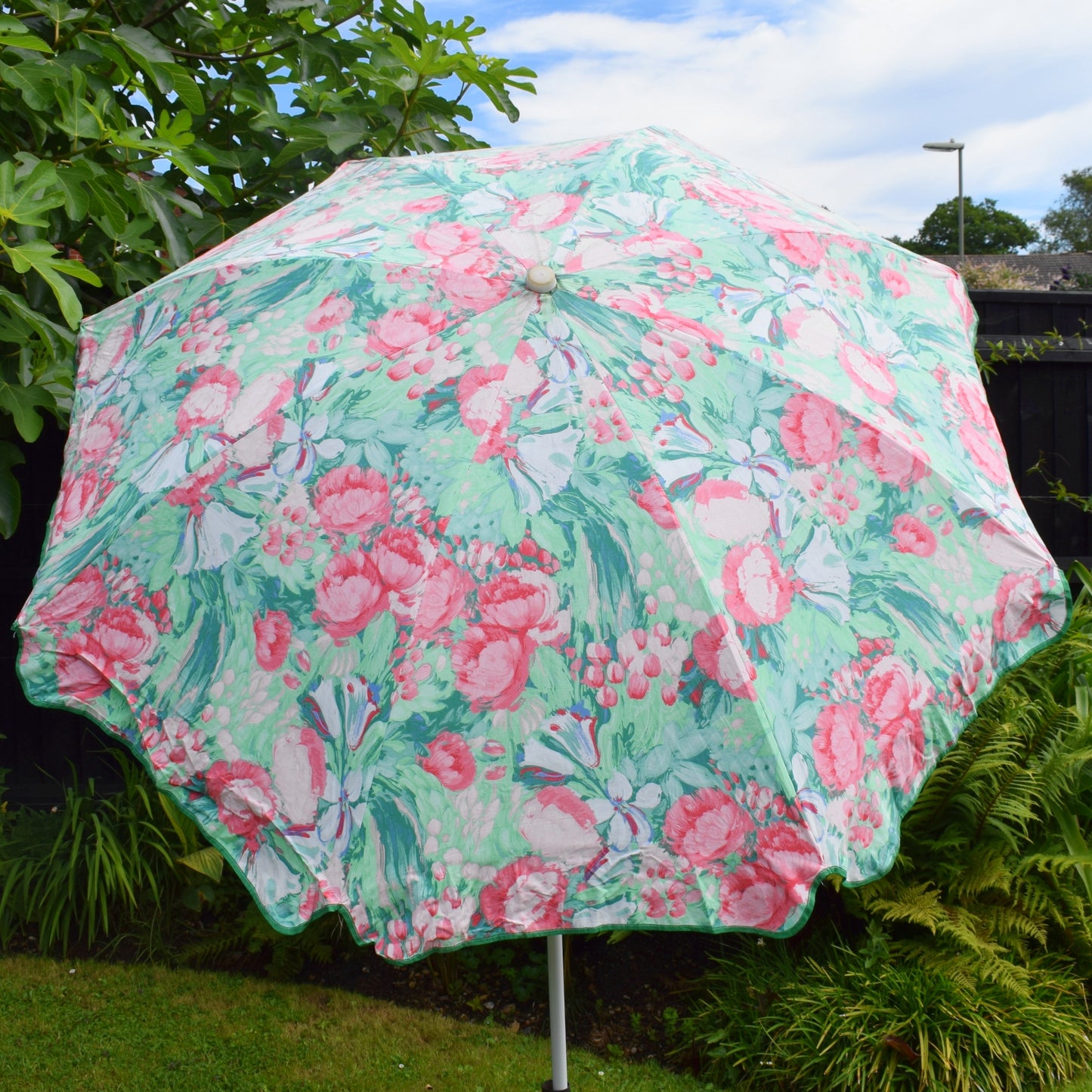 Vintage 1980s Large Garden Parasol - Floral- Pink/ Mint