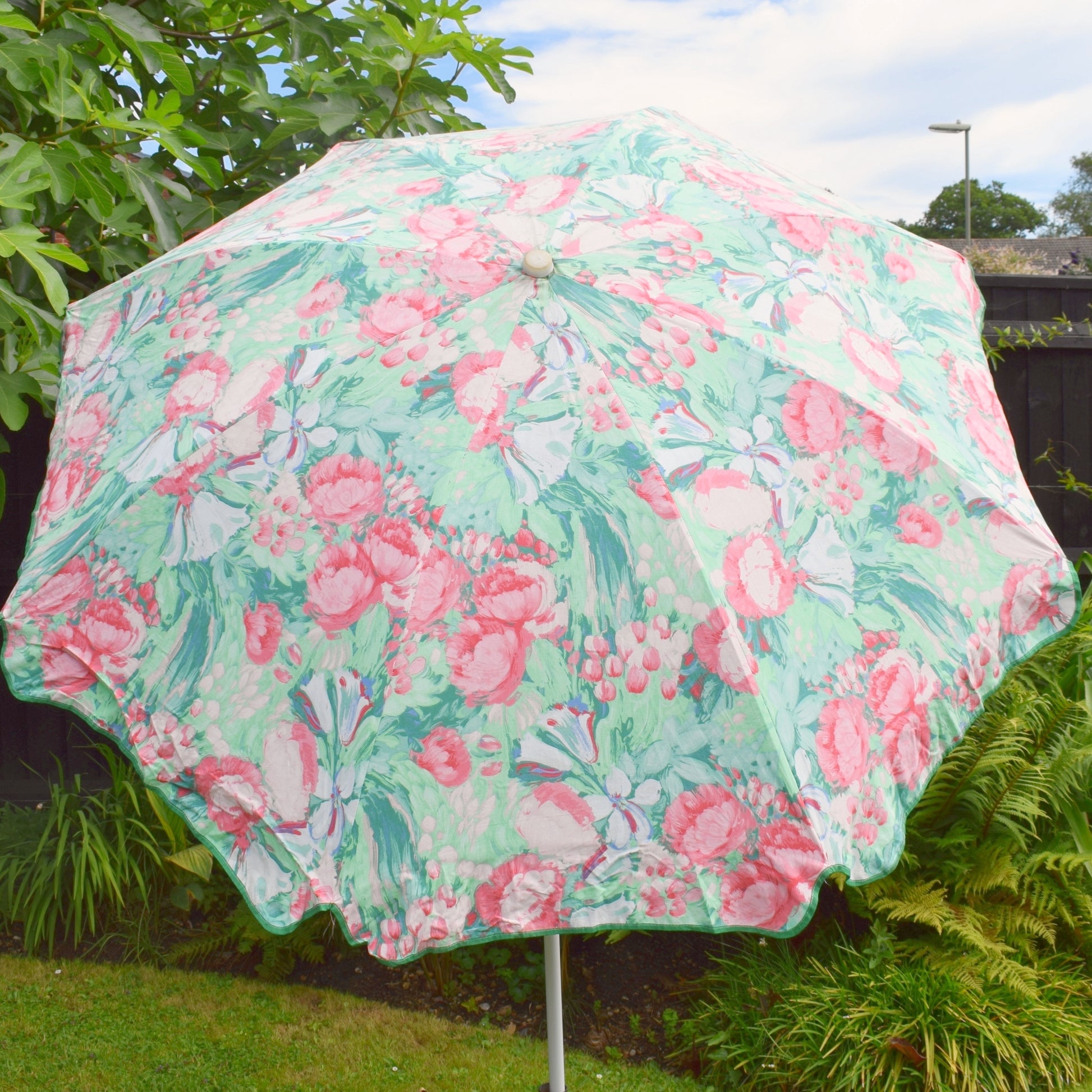 Vintage 1980s Large Garden Parasol - Floral- Pink/ Mint by Vintage