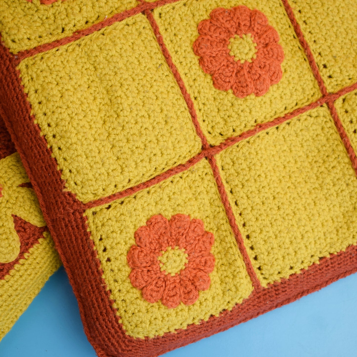 Vintage 1970s Crochet Cushions - Mustard