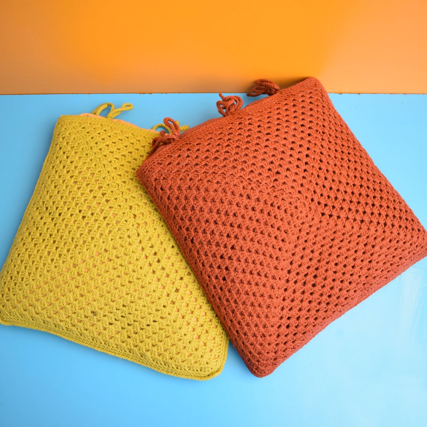 Vintage 1970s Crochet Cushions - Mustard