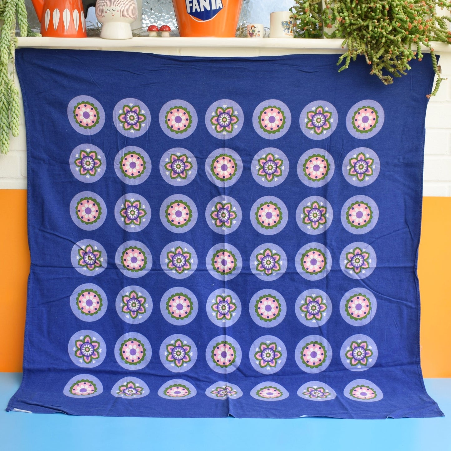 Vintage 1960s Tablecloth - Blue / Purple Flowers- Dunmoy - Ireland