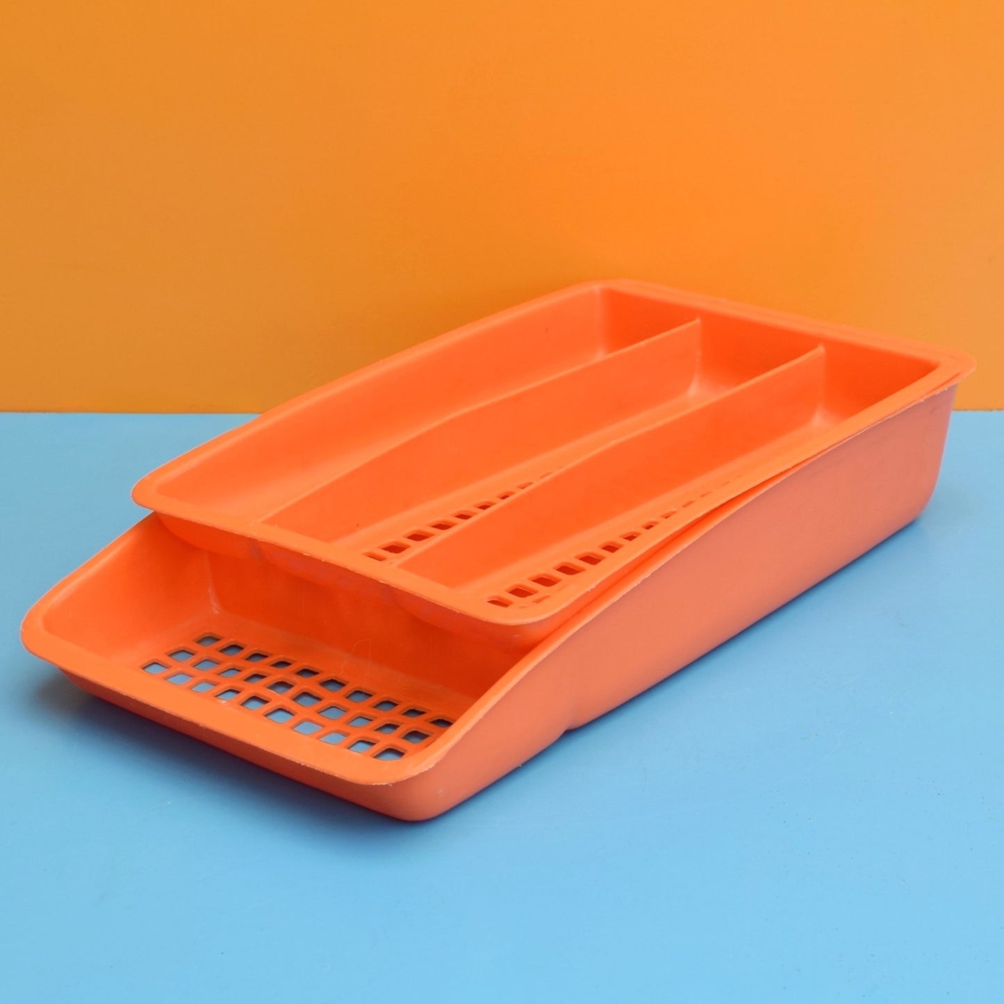 Vintage 1970s Cutlery Tray - Orange - Two Tier - Deka Plastic