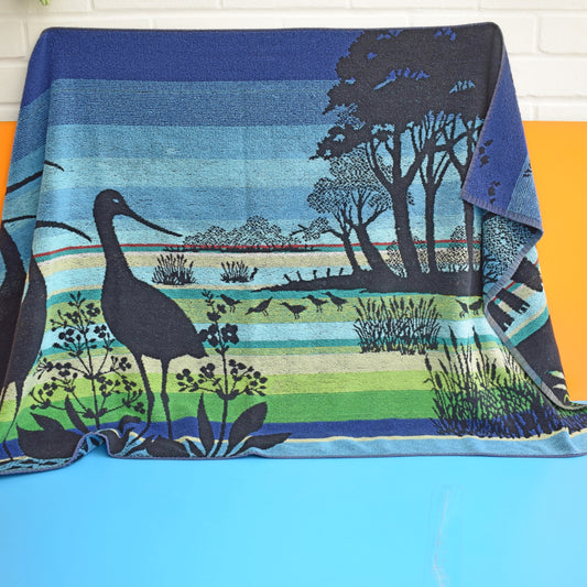Vintage 1980s Beach Towel - Blue/Green Bird