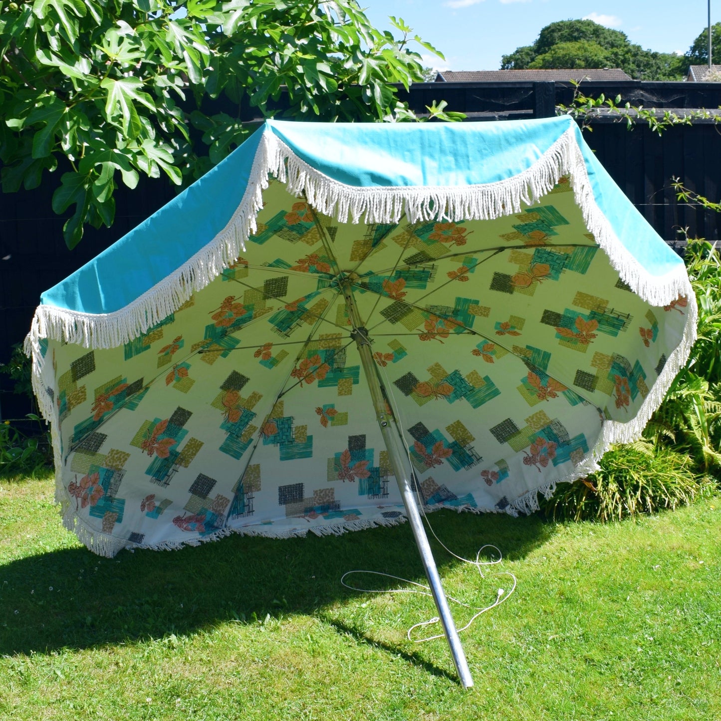 Vintage 1960s Large Vinyl Folding Garden Parasol - American - Turquoise/ Pink- Boxed