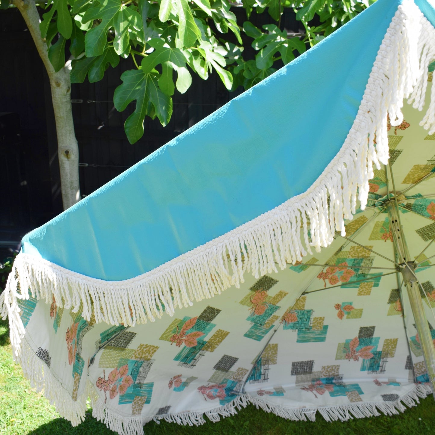Vintage 1960s Large Vinyl Folding Garden Parasol - American - Turquoise/ Pink- Boxed