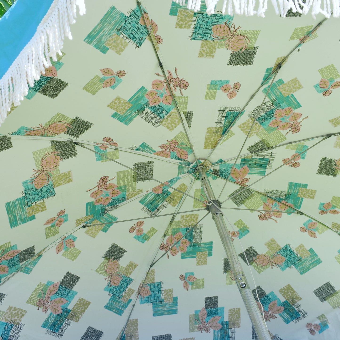 Vintage 1960s Large Vinyl Folding Garden Parasol - American - Turquoise/ Pink- Boxed