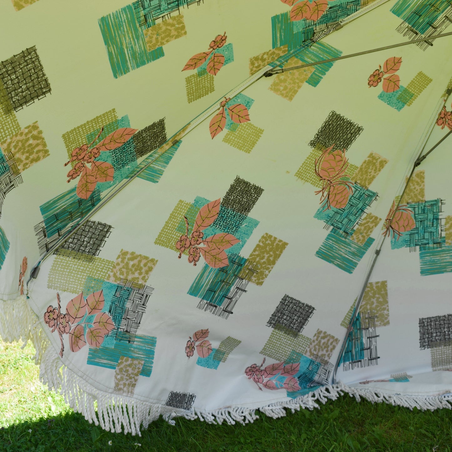 Vintage 1960s Large Vinyl Folding Garden Parasol - American - Turquoise/ Pink- Boxed