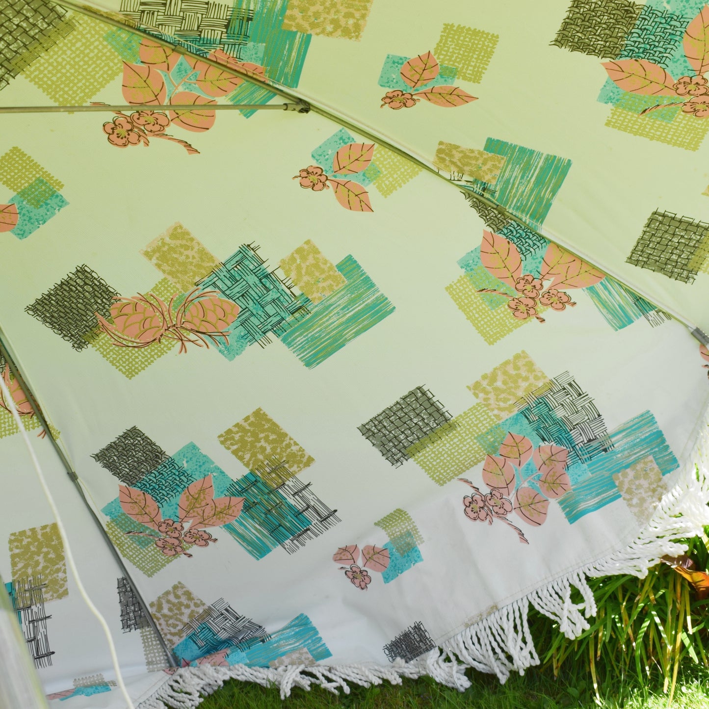 Vintage 1960s Large Vinyl Folding Garden Parasol - American - Turquoise/ Pink- Boxed