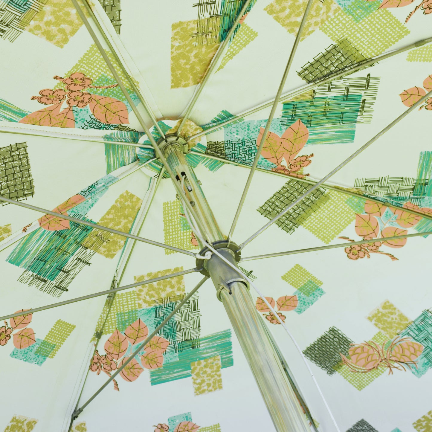 Vintage 1960s Large Vinyl Folding Garden Parasol - American - Turquoise/ Pink- Boxed