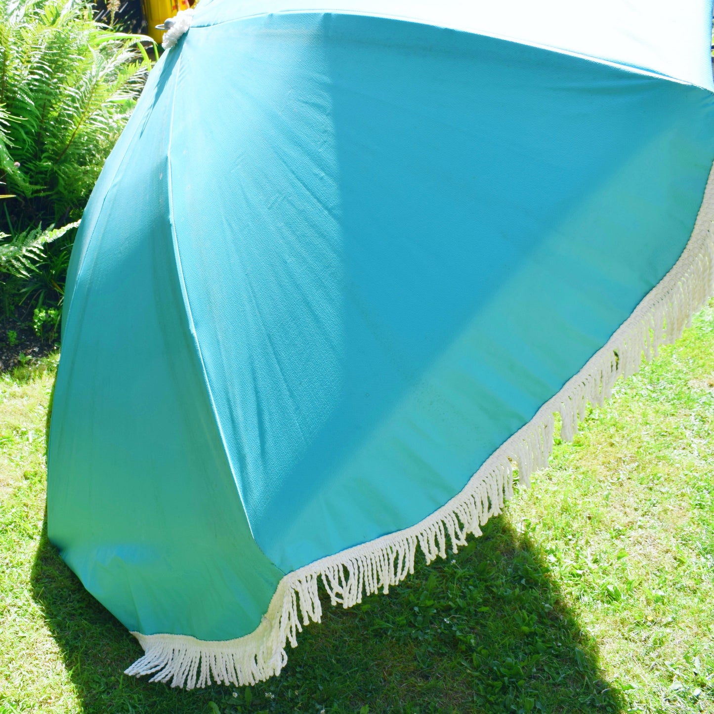 Vintage 1960s Large Vinyl Folding Garden Parasol - American - Turquoise/ Pink- Boxed