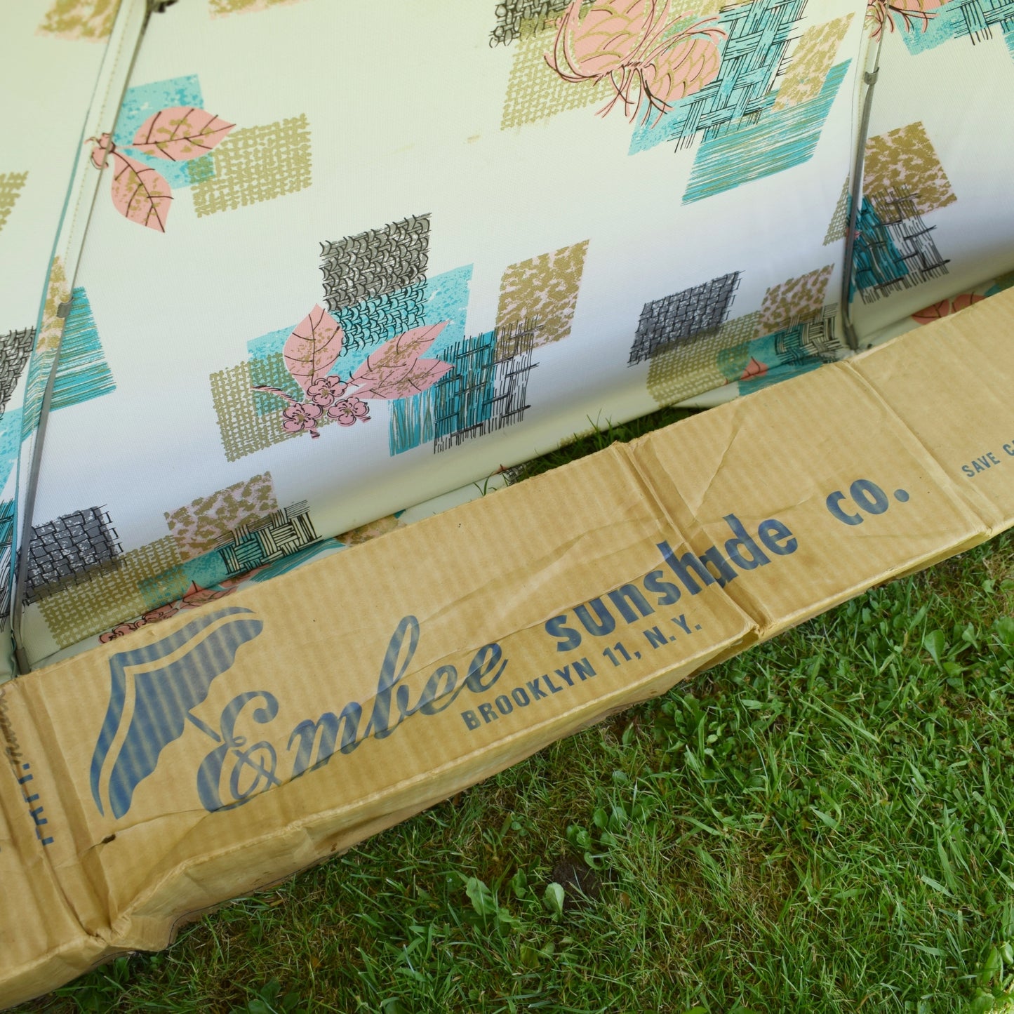 Vintage 1960s Large Vinyl Folding Garden Parasol - American - Turquoise/ Pink- Boxed