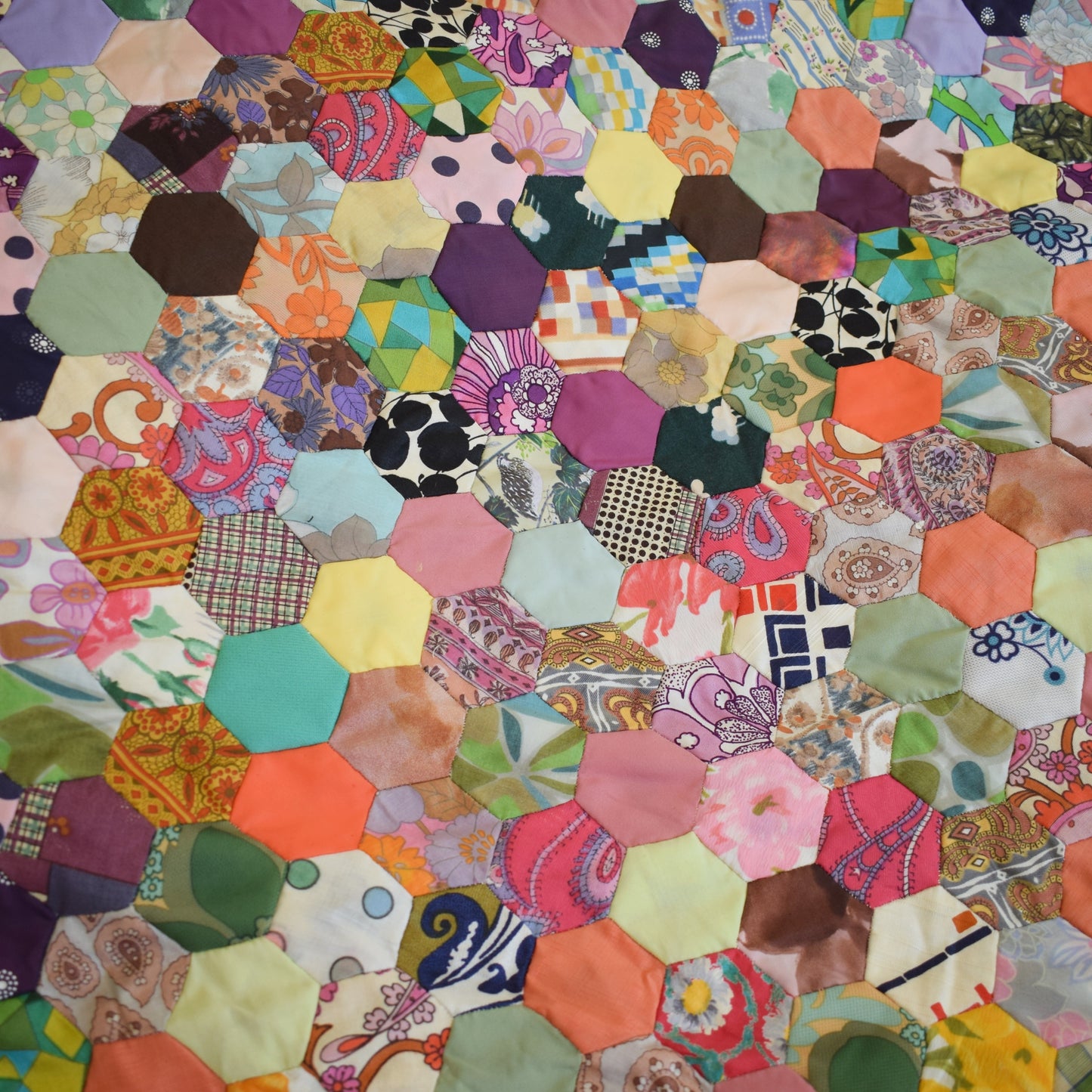 Vintage 1970s Fabric Patchwork Quilt / Bedcover