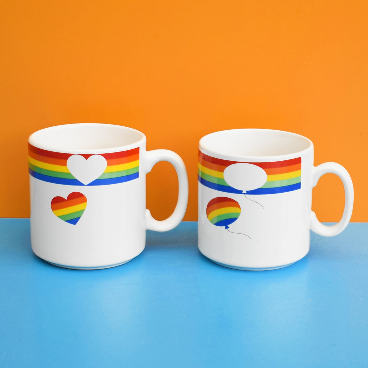 Vintage 1980s Mugs- Rainbow Heart / Balloons - Russ by Vintage