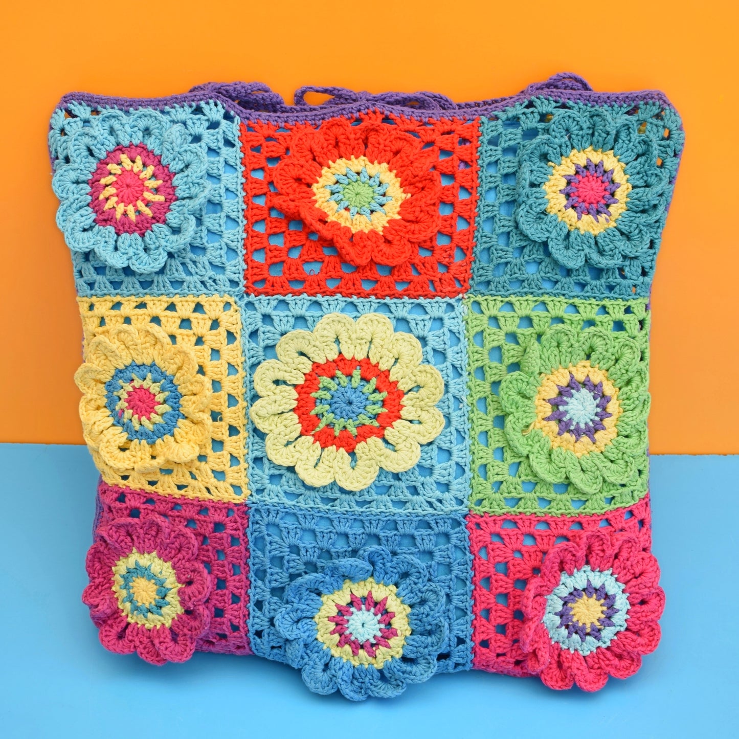 Vintage 1970s Crochet Cushion - Flower Power