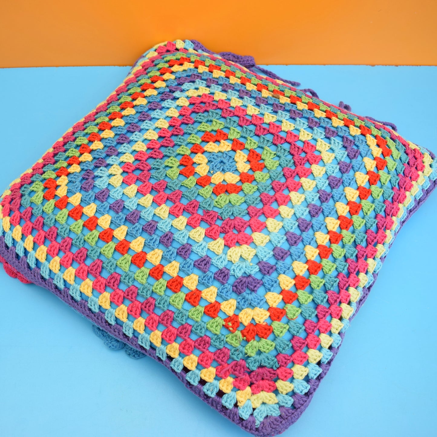 Vintage 1970s Crochet Cushion - Flower Power