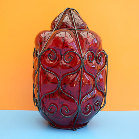 Vintage 1970s Lantern - Ruby Glass/ Metal Cage