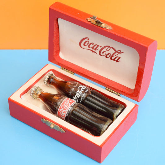 Vintage 1980s Mini Glass Coke Bottles In Wooden Box  / Coca Cola