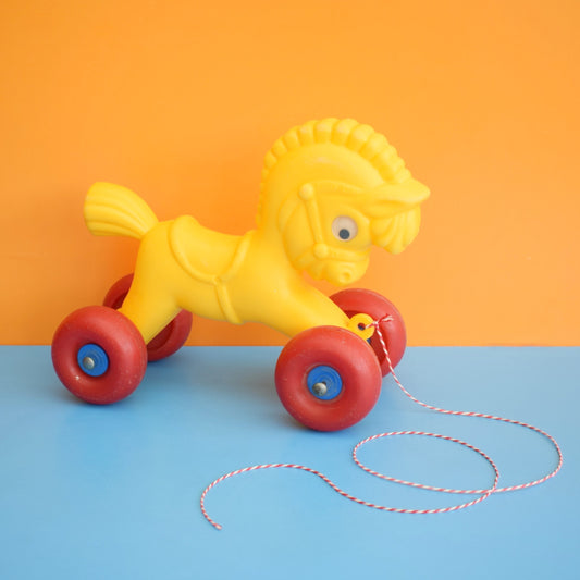 Vintage 1960s Plastic Horse With Wheels - Yellow