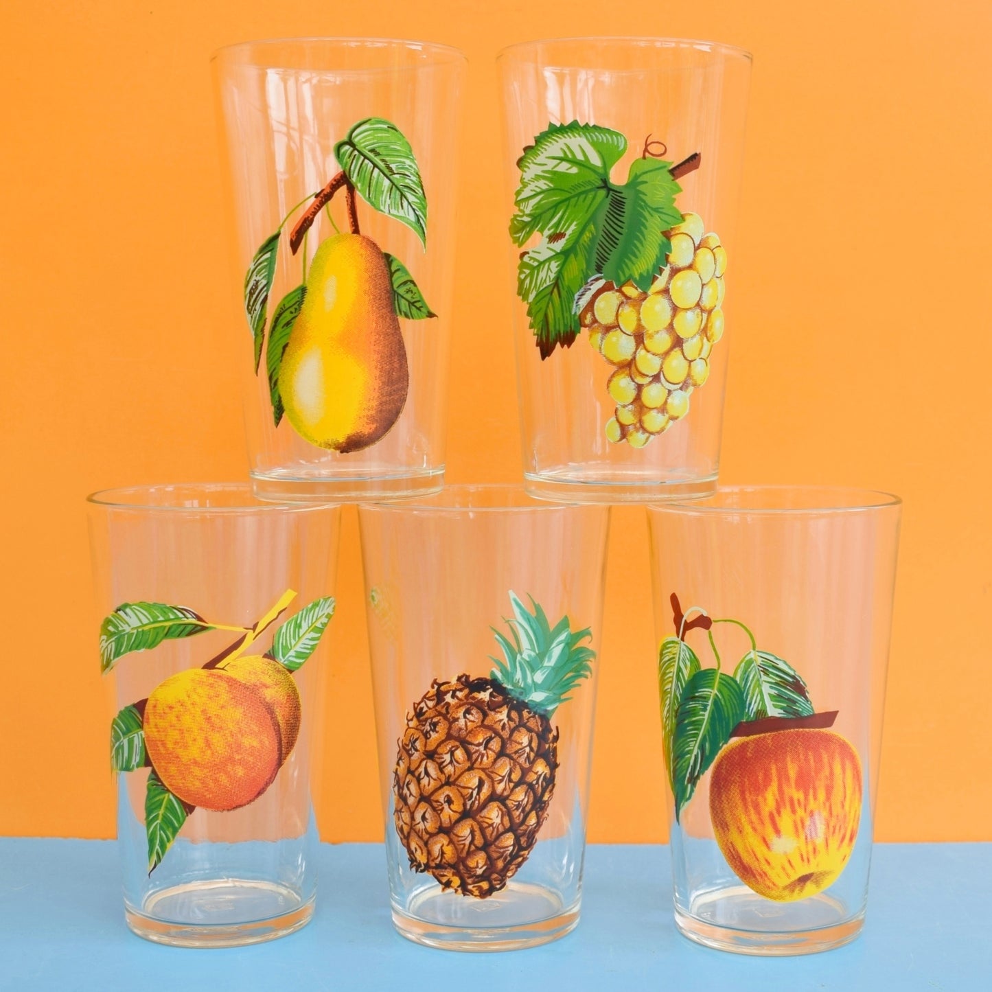 Vintage 1960s Fruit Design Drinking Glasses - French