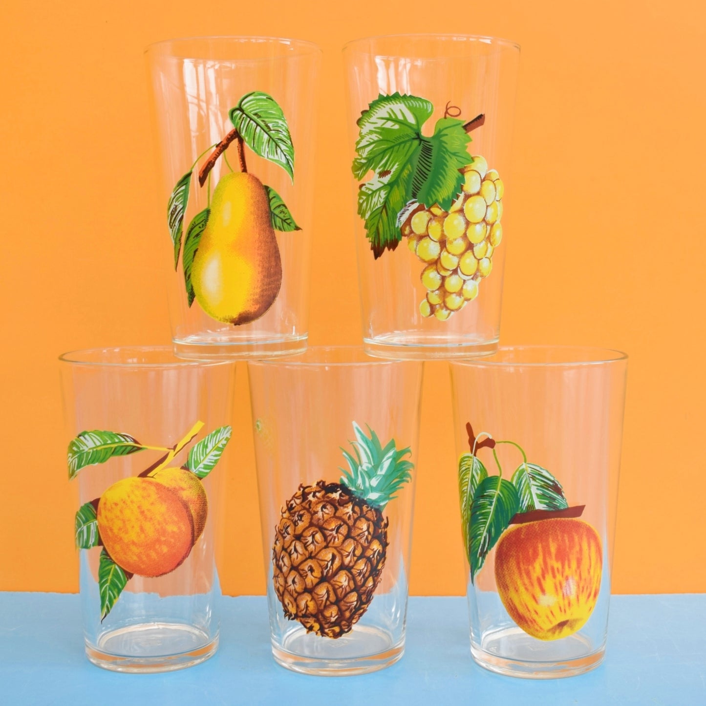 Vintage 1960s Fruit Design Drinking Glasses - French
