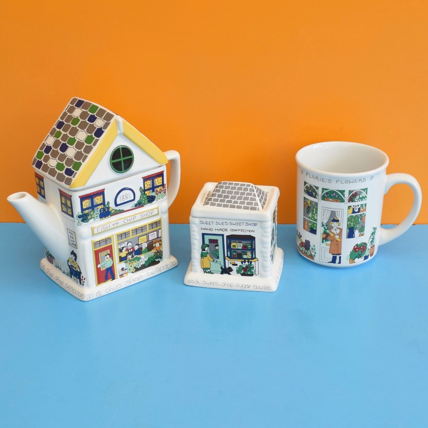 Vintage 1980s Wade China - English Life Range - Chip, Flower & Sweet Shop