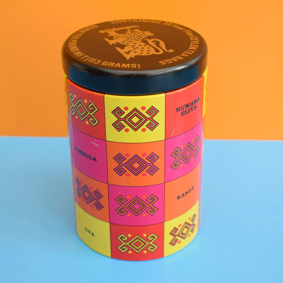 Vintage 1970s Metal Ceylon Tea Tin - Pink, Red, Orange & Yellow by Pineapple Retro