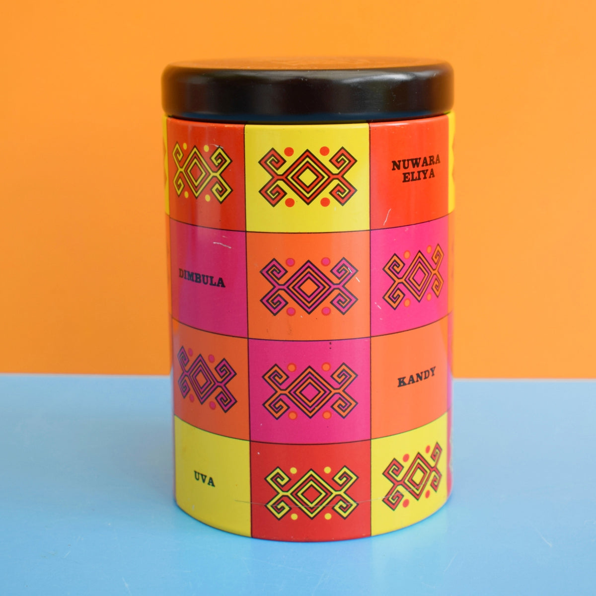 Vintage 1970s Metal Ceylon Tea Tin - Pink, Red, Orange & Yellow by Pineapple Retro