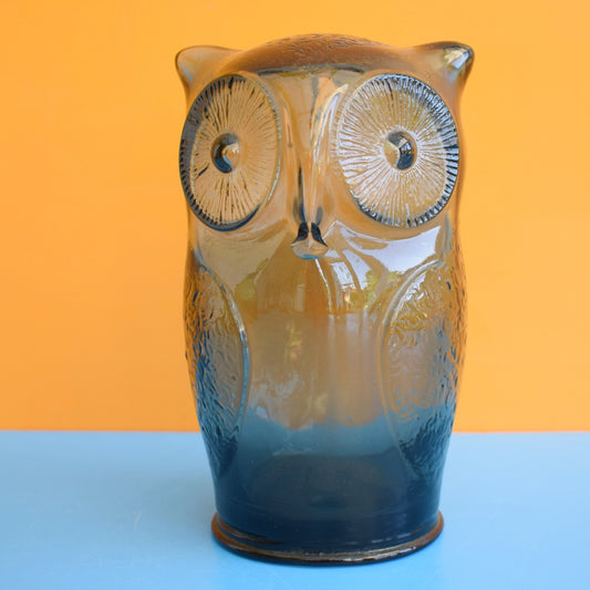 Vintage 1970s Glass Owl Money Box -Cascade Glass - Smoked