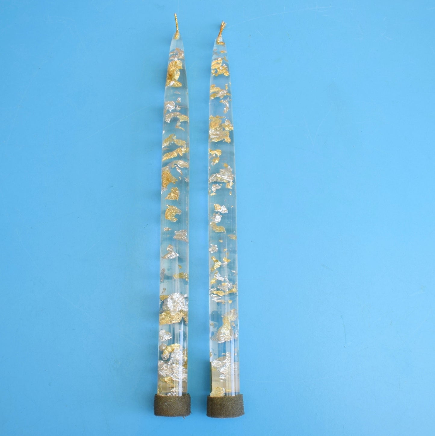 Vintage 1970s Resin Glitter candles x2 - Clear With Gold/ Silver Flecks