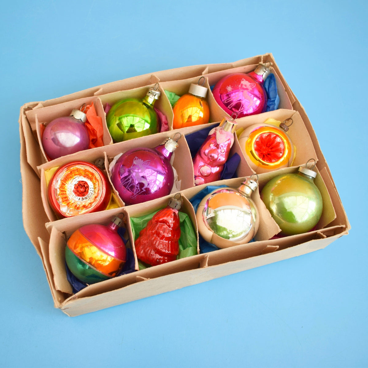 Vintage Mixed 1960s Glass Christmas Baubles - Boxed - Brights by Pineapple Retro