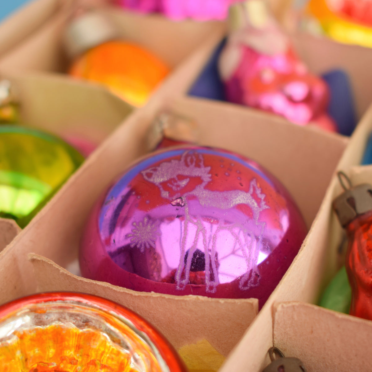 Vintage Mixed 1960s Glass Christmas Baubles - Boxed - Brights by Pineapple Retro
