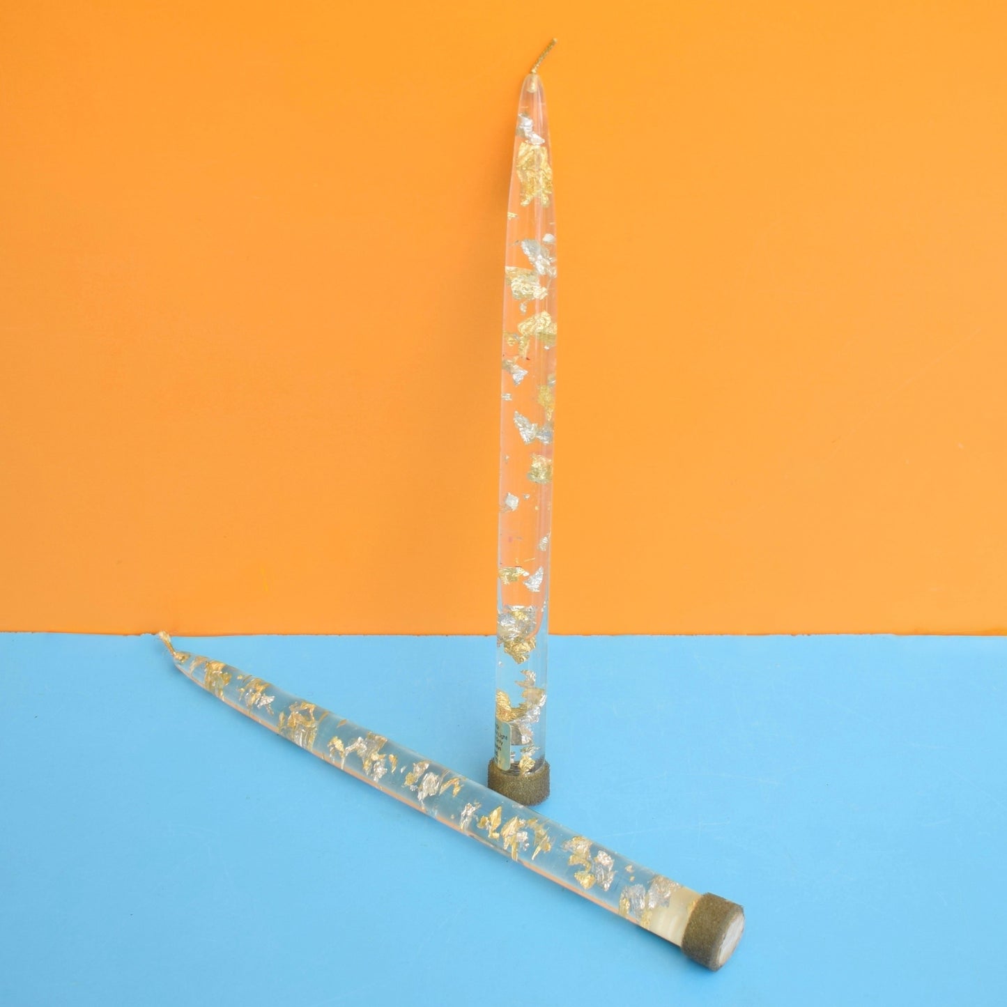 Vintage 1970s Resin Glitter candles x2 - Clear With Gold/ Silver Flecks