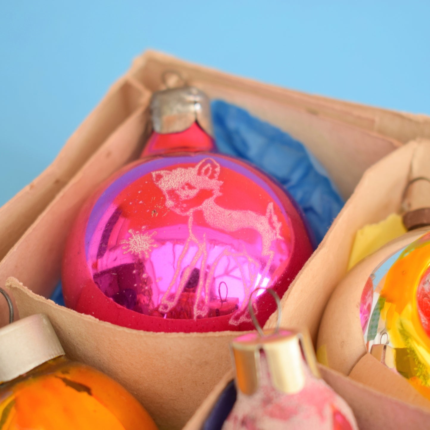Vintage Mixed 1960s Glass Christmas Baubles - Boxed - Brights by Pineapple Retro