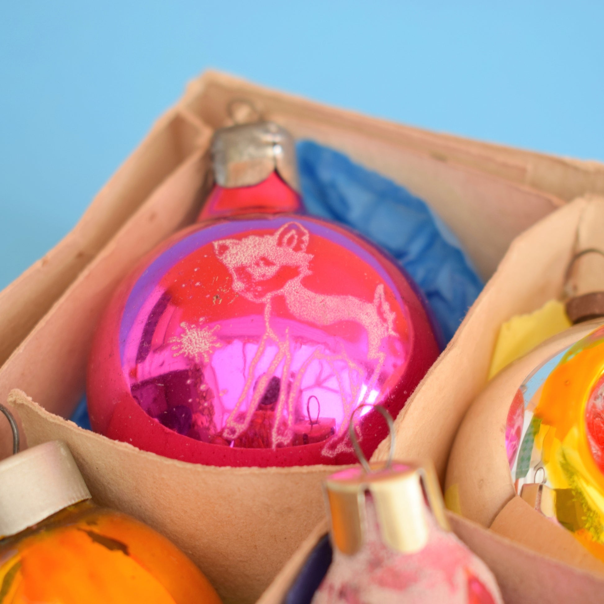 Vintage Mixed 1960s Glass Christmas Baubles - Boxed - Brights by Pineapple Retro