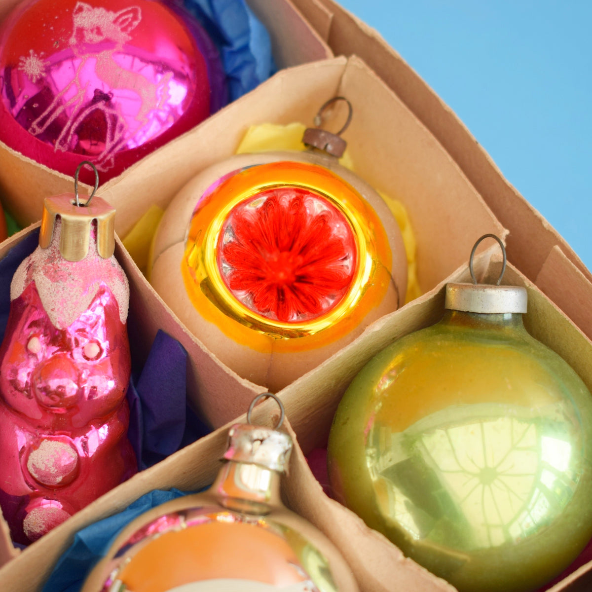 Vintage Mixed 1960s Glass Christmas Baubles - Boxed - Brights by Pineapple Retro